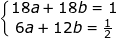 \small \dpi{100} \fn_jvn \left\{\begin{matrix} 18a+18b=1 & \\ 6a+12b=\frac{1}{2}& \end{matrix}\right.